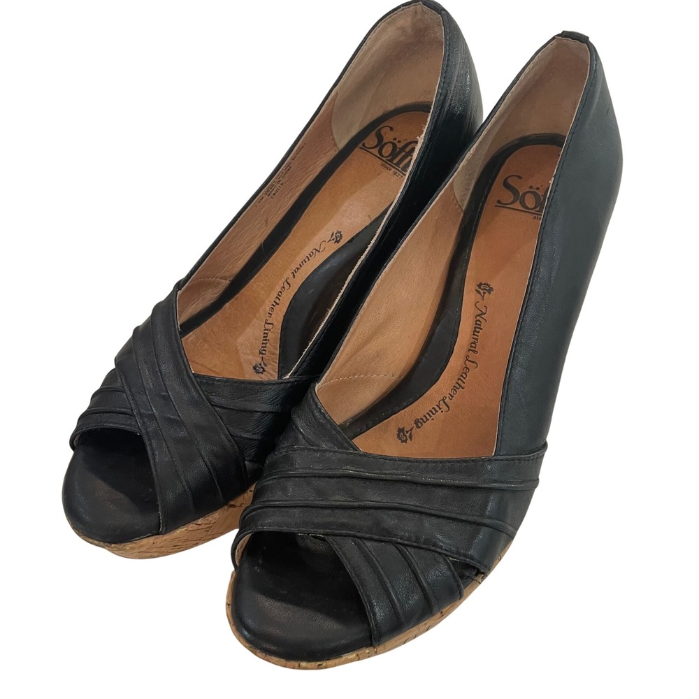Sofft Wedge Sandals Womens Black Leather Cork Gold Fleck Peep Toe 7.5M